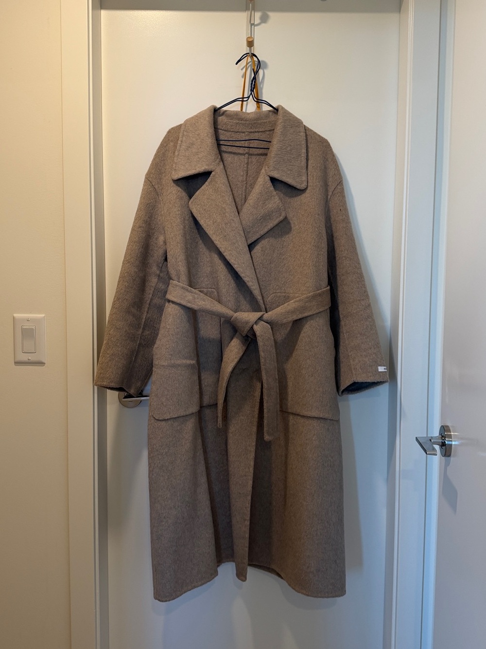 Handmade Beige Wool Blend Belted Long Coat in Taupe size M - fit